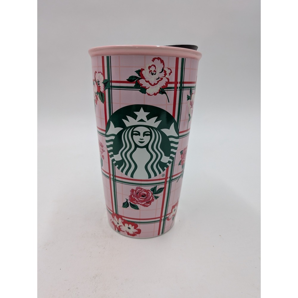 2018 Starbucks ban.do Pink Plaid Floral Rose Ceramic Travel Tumbler Mug 12oz